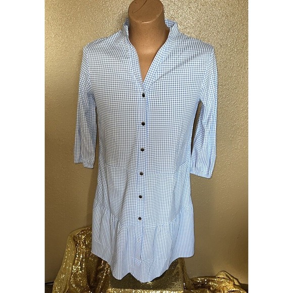 Womens Blue White Gingham 3/4 Puff Sleeve Button Up Dorothy Babydoll Dress M - Picture 1 of 10